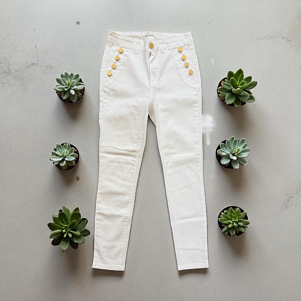 Lascana White Skinny Jeans with Gold Accents Size 6